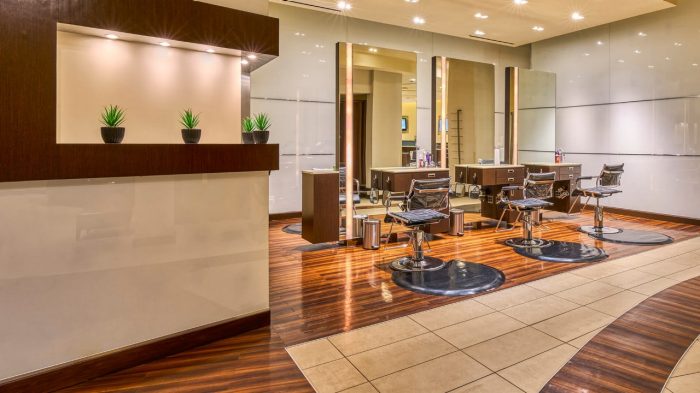 Salon stations with large mirrors.