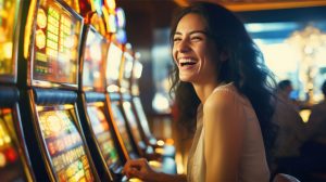 Happy brunette woman at a gaming machine