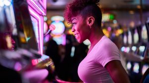 Side view of a woman smiling and playing a gaming machine.