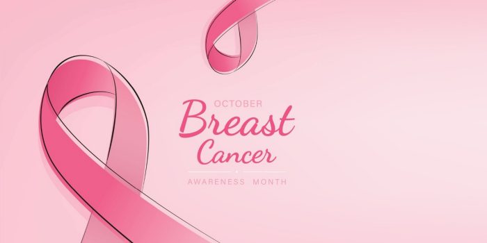 Breast cancer awareness campaign banner with pink ribbon symbols on pastel light pink background Breast cancer awareness campaign banner with pink ribbon symbols on pastel light pink background