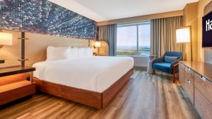 Atrium Suite bedroom with bay view.