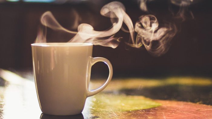 Steaming cup of coffee.