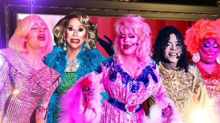 Image of a group of Drag Queens in colorful attire and impersonating celebrity divas