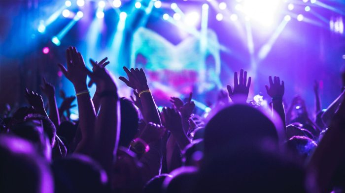 A live concert crowd with blue stage lights