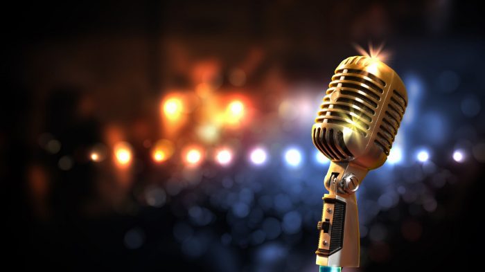 Microphone glimmering with lights in the background.