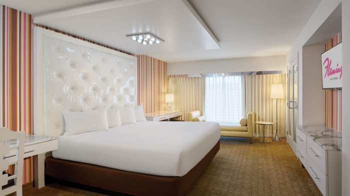 Interior view of room with king size bed and view of the strip