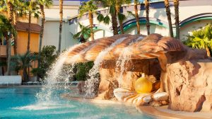 pool at rio with a shell rock waterfall