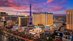 Paris Las Vegas Exterior at Sunset at Center Strip