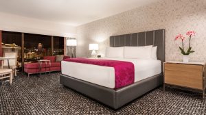 Interior view of room with king size bed and view of the strip