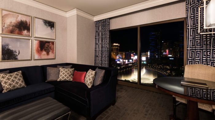Interior view of couch and view of fountains