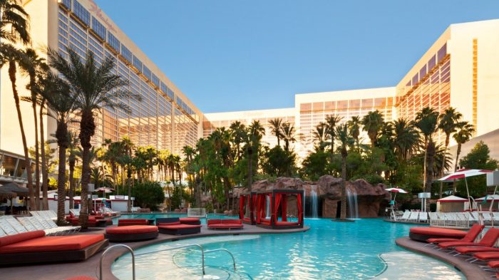 View Of Lounging Chairs And Cabanas Around The Pool Located At Flamingo Las Vegas