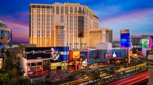 Exterior of Planet Hollywood Las Vegas at Sunset