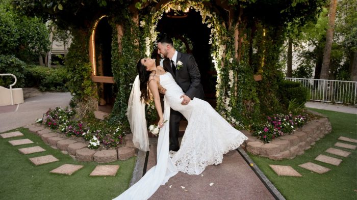 Groom dipping his Bride at Flamingo Las Vegas