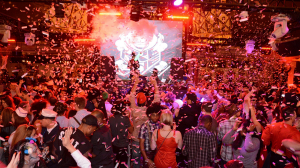 Confetti Falling on Guests Dancing at Chateau Nightclub Rooftop Party at Paris Las Vegas