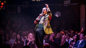 The Gazillionaire on stage at Absinthe located outside of Caesars Palace