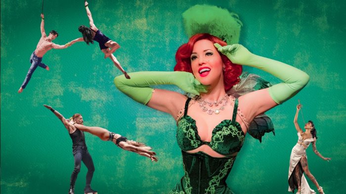 Caesars Palace Las Vegas Absinthe show Green Fairy and various show acts on a green background