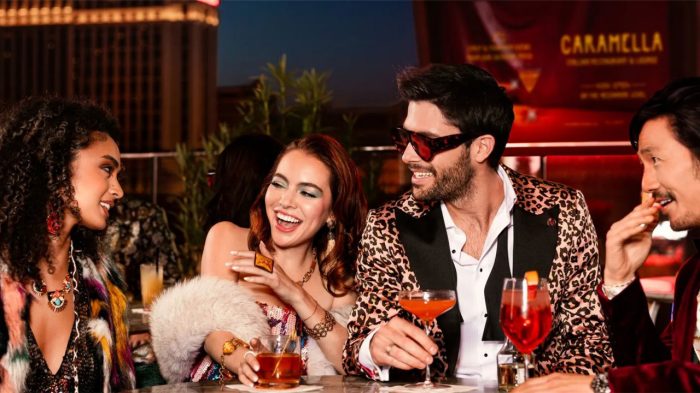 Group of four enjoying drinks at Caramella at Planet Hollywood Las Vegas