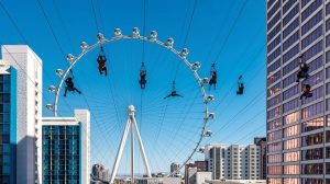 Eight people riding the Fly Linq Zip Line at the Linq Promenade