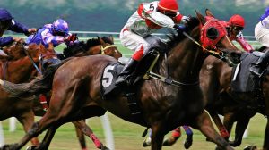 A jockey vying for position in a horse race.