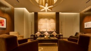Couch in the waiting area of the spa.