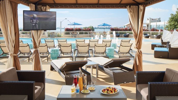Cabana with refreshments and flat screen TV at Harrah's Gulf Coast's pool.