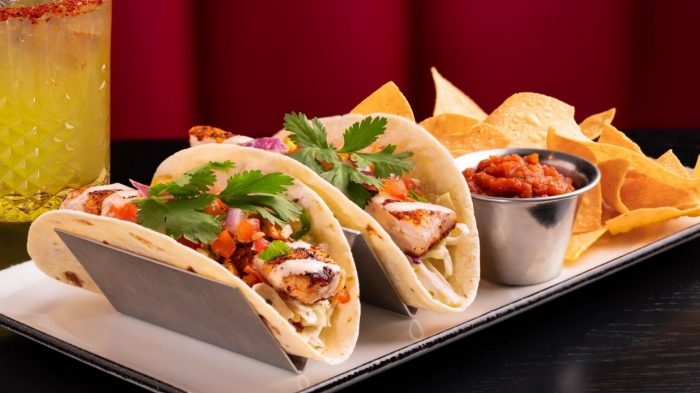 Sizzle & Salt Fish tacos, chips and salsa