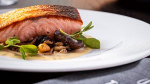 Crispy skin salmon at Gordon Ramsay Hell's Kitchen restaurant Las Vegas Nevada
