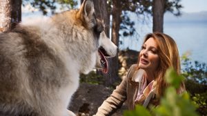 Lisa Vanderpump looking at a wolf with pine trees and Lake Tahoe in the background