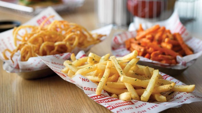 Onion rings, fries and sweet potato fries.
