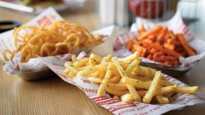 Onion rings, fries and sweet potato fries.