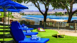 Daybeds with umbrellas on the pool deck at Harrah's Laughlin