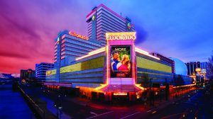 Eldorado Reno Exterior at Sunset with pink and blue sky.
