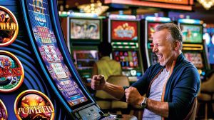 Man cheering at a gaming machine.