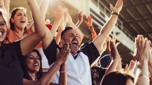 Diverse Crowd at a Sporting event cheering in happiness.
