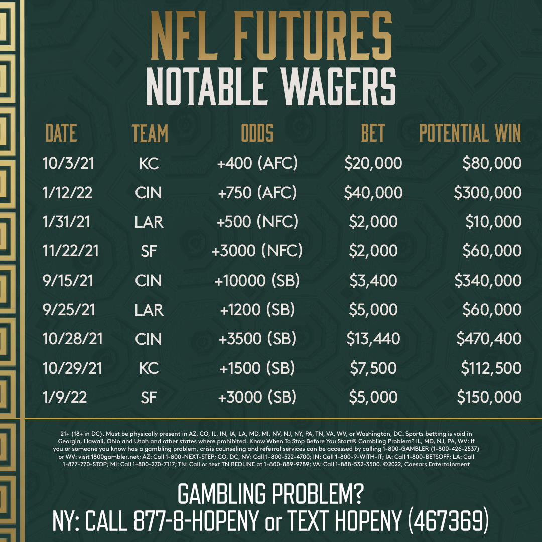 NFL Futures Report Odds Progression During Season, Notable Wagers