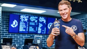 Bobby Flay holding a shake.